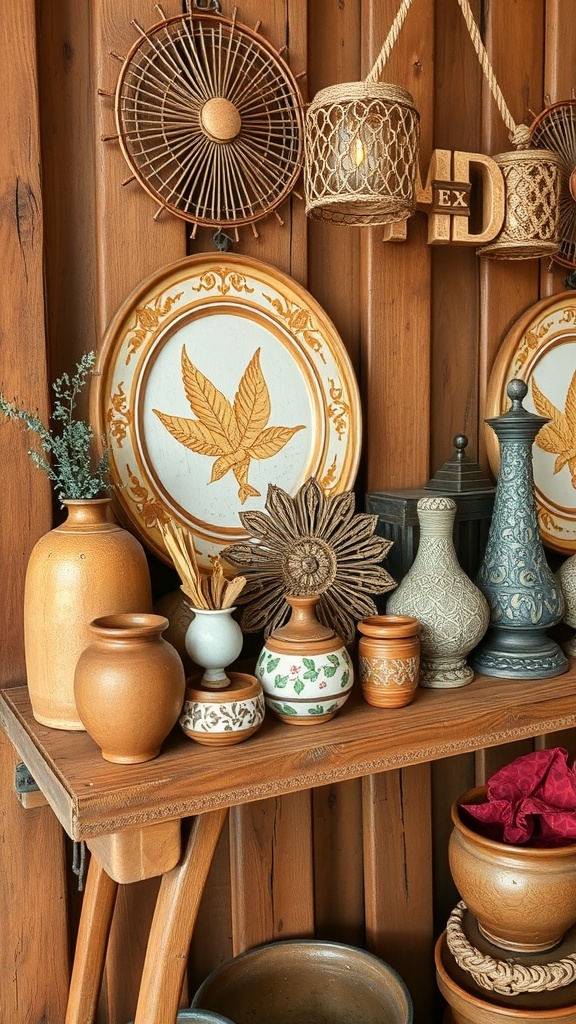 A collection of handcrafted decor pieces on wooden shelves, including vases, pots, and decorative items.