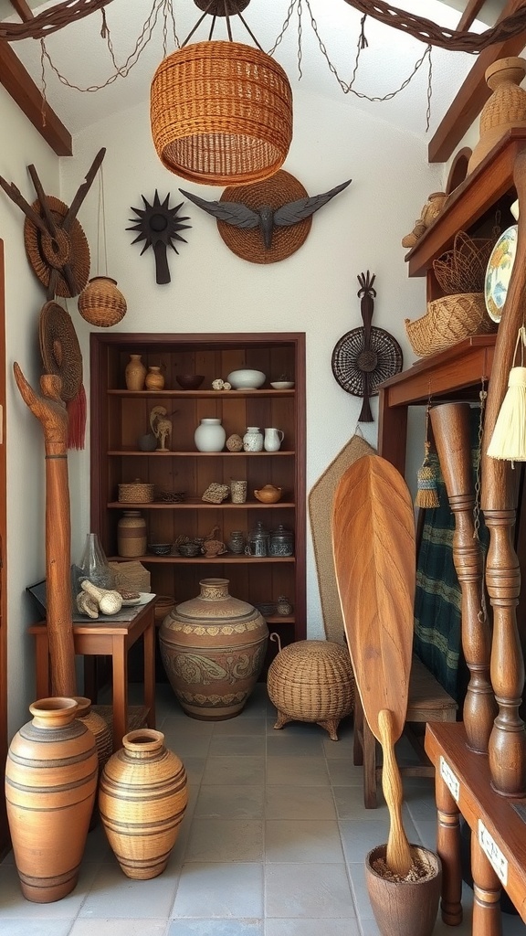 A rustic interior featuring handcrafted decor items like woven baskets, wooden sculptures, and pottery.