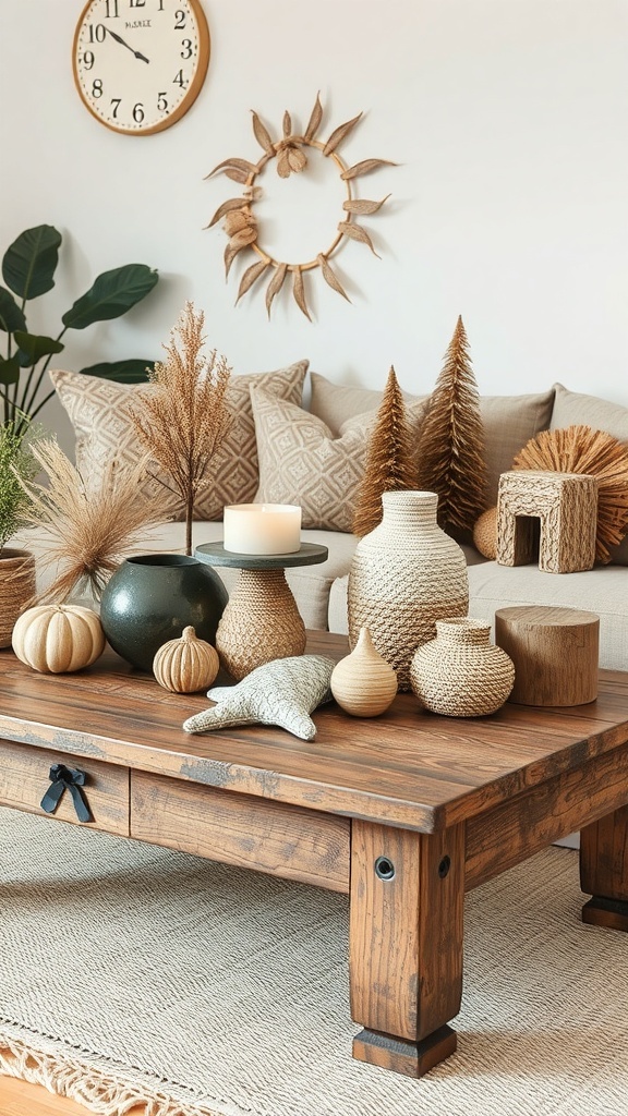 A collection of handcrafted decorative items on a rustic wooden coffee table.