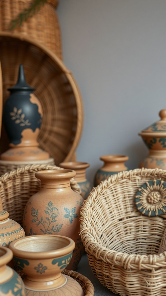 A collection of handcrafted pottery and woven baskets showcasing rustic decor.