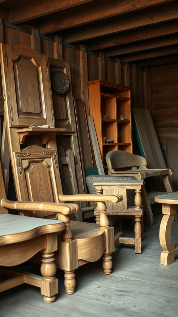 A collection of handcrafted wooden furniture including chairs, tables, and shelves.