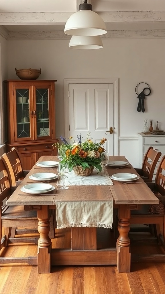 A rustic handcrafted farmhouse dining table set with plates and a floral centerpiece.