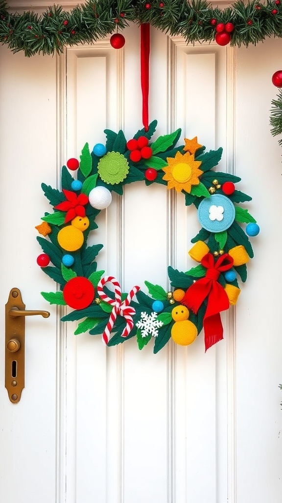 A colorful handcrafted felt wreath with various holiday decorations, hanging on a white door.