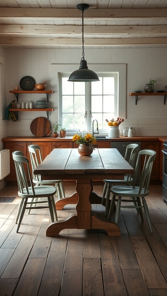 A rustic kitchen featuring a wooden table and chairs, with warm lighting and natural elements.