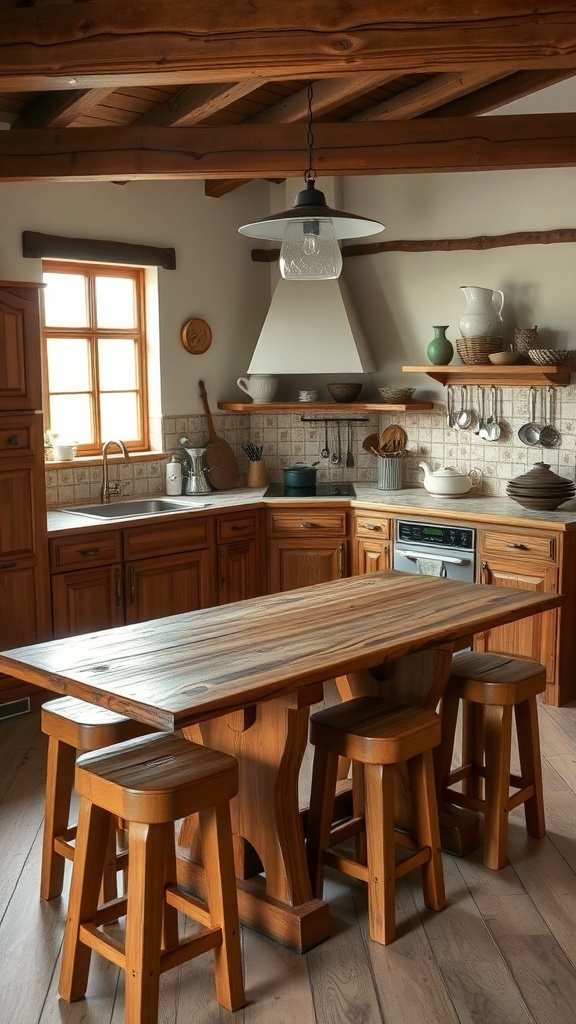 A rustic kitchen featuring a handcrafted wooden table and stools, with warm wood tones and a cozy atmosphere.