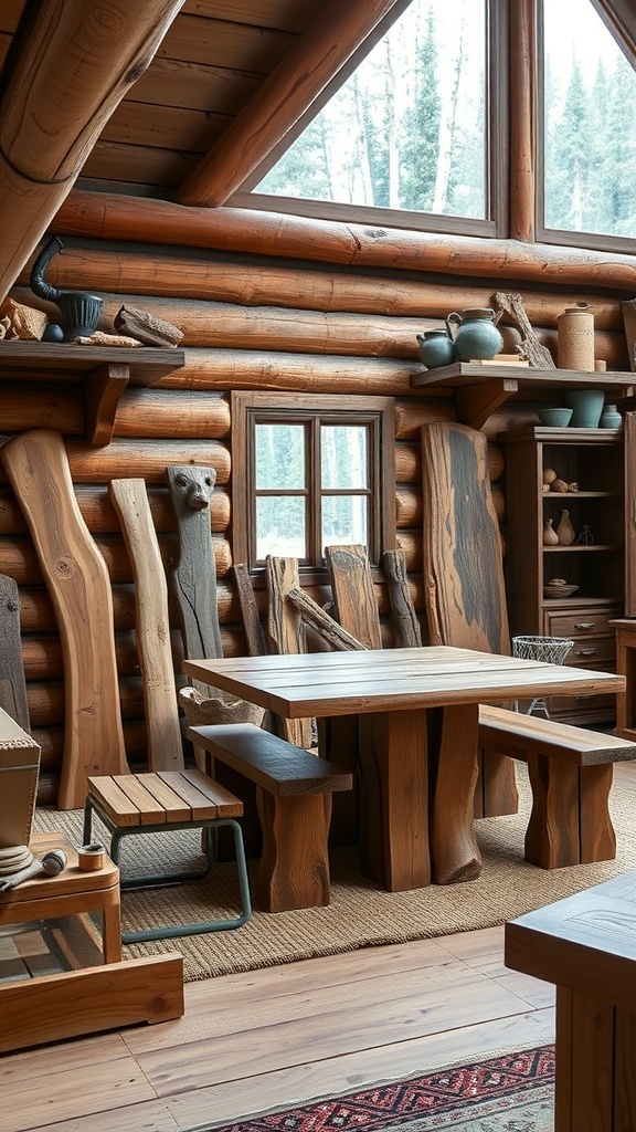 A cozy cabin interior featuring handcrafted wooden furniture, including a table and benches, surrounded by log walls.