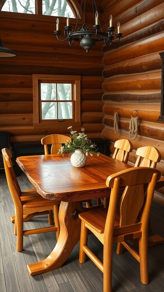 A handcrafted wooden dining table with chairs in a log cabin setting.