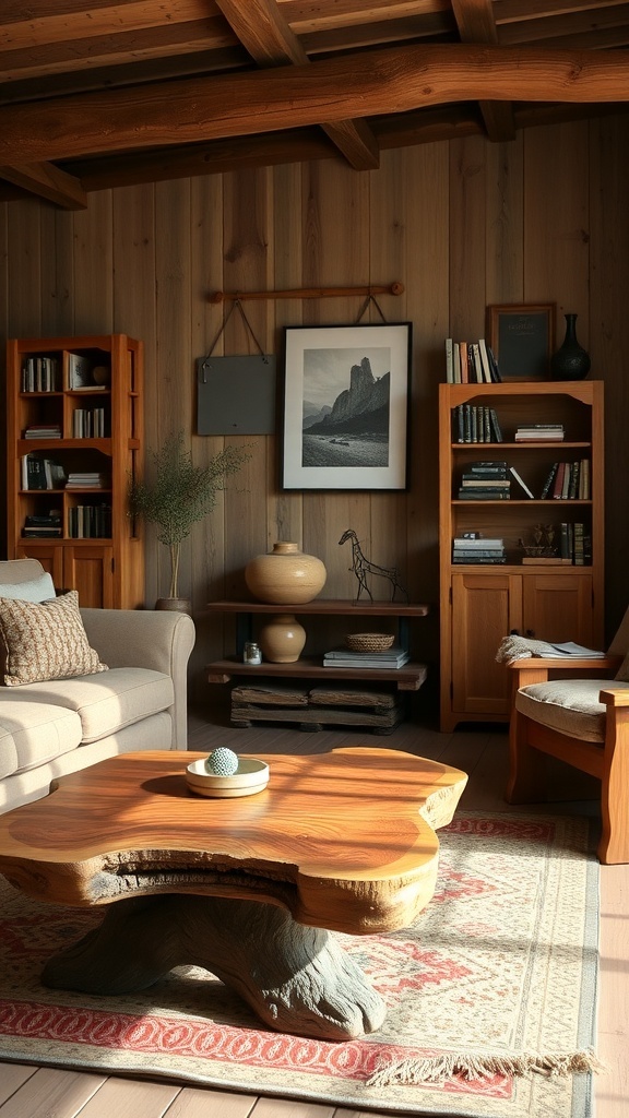 A rustic living room featuring handcrafted furniture, including a unique coffee table and cozy seating.