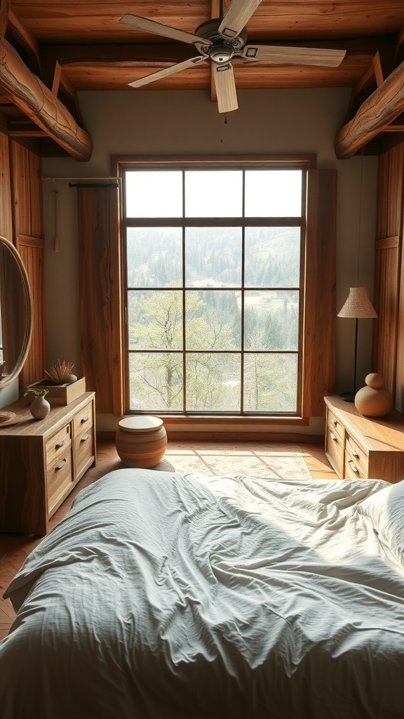 A cozy modern rustic bedroom with handcrafted furniture, featuring wooden dressers and a large window.