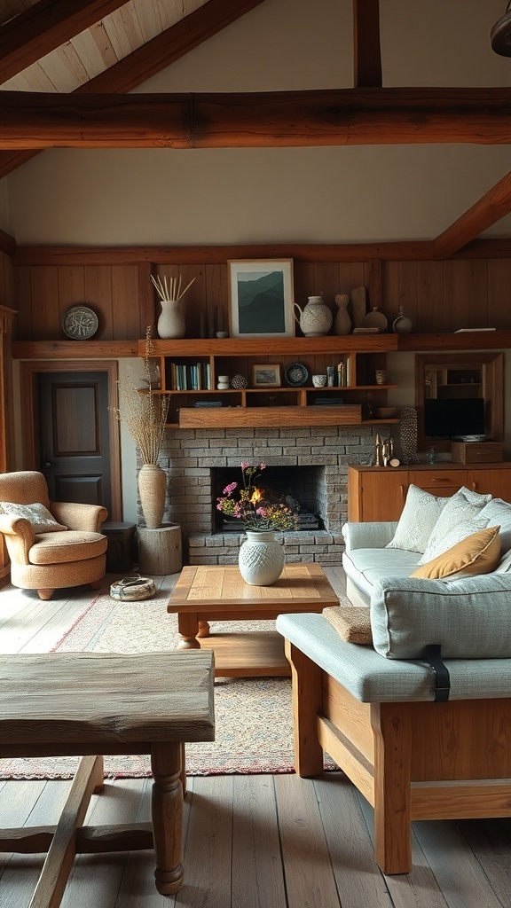 A rustic living room featuring handcrafted furniture, a stone fireplace, and wooden beams.