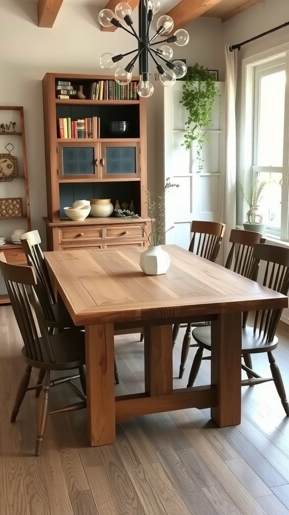 A rustic chic dining area featuring a handcrafted wooden table and chairs.