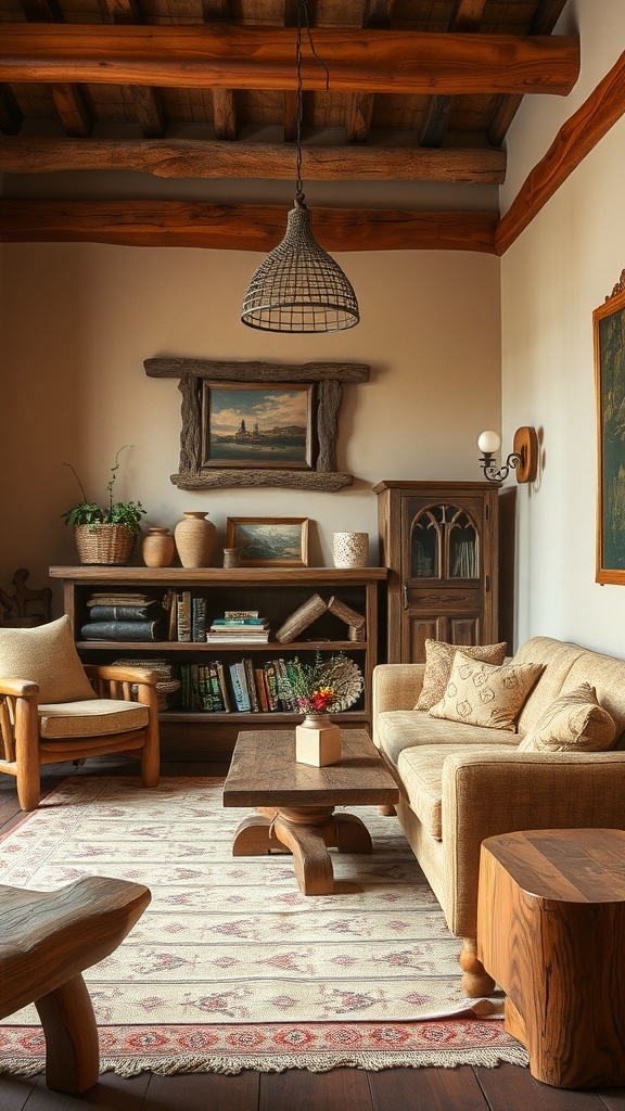 Cozy rustic living room with handcrafted furniture and warm decor