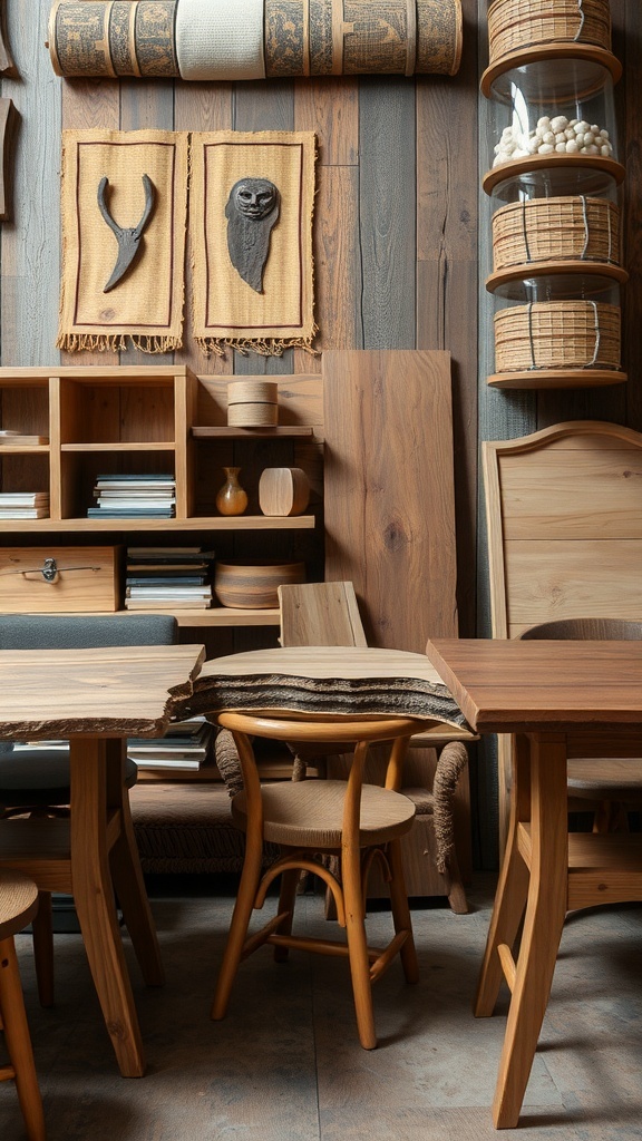 A cozy interior featuring handcrafted wooden furniture, including tables and chairs, with decorative wall art.