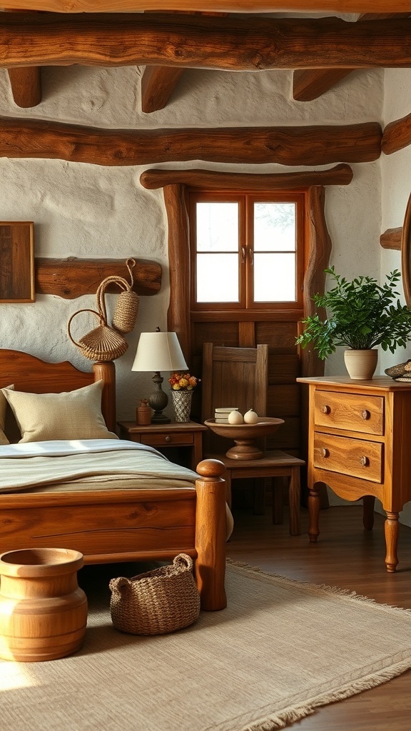 Cozy rustic bedroom with handcrafted wooden furniture