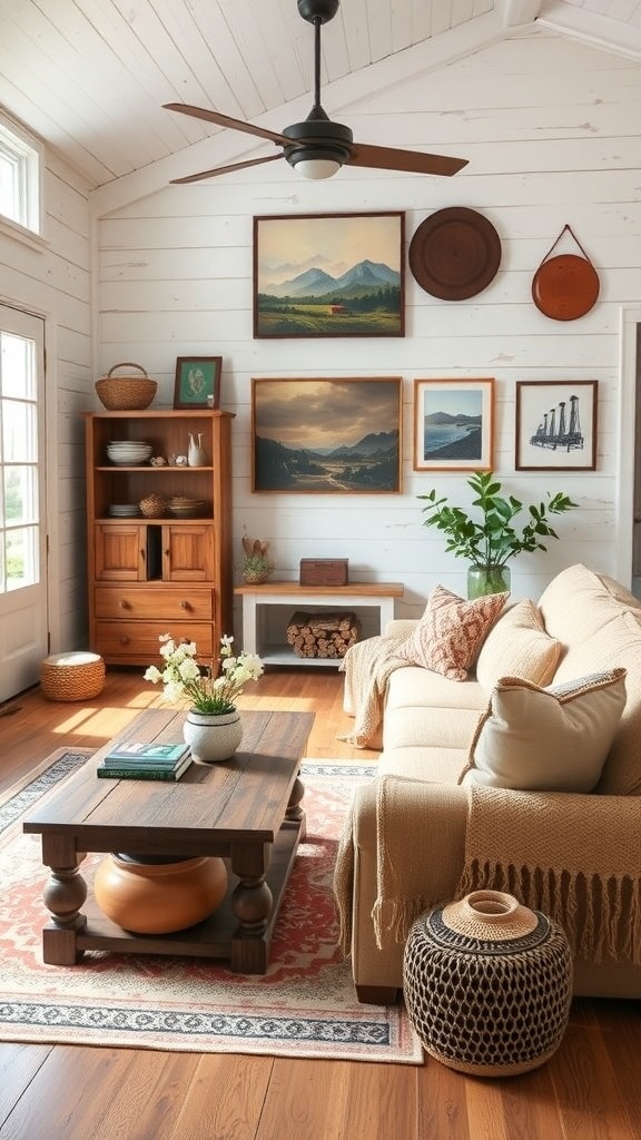 A cozy farmhouse living room featuring handcrafted items and local art on the walls.