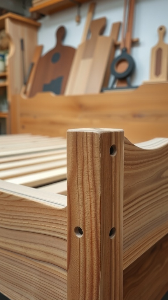 Close-up of a rustic bed frame showcasing handcrafted joinery techniques.