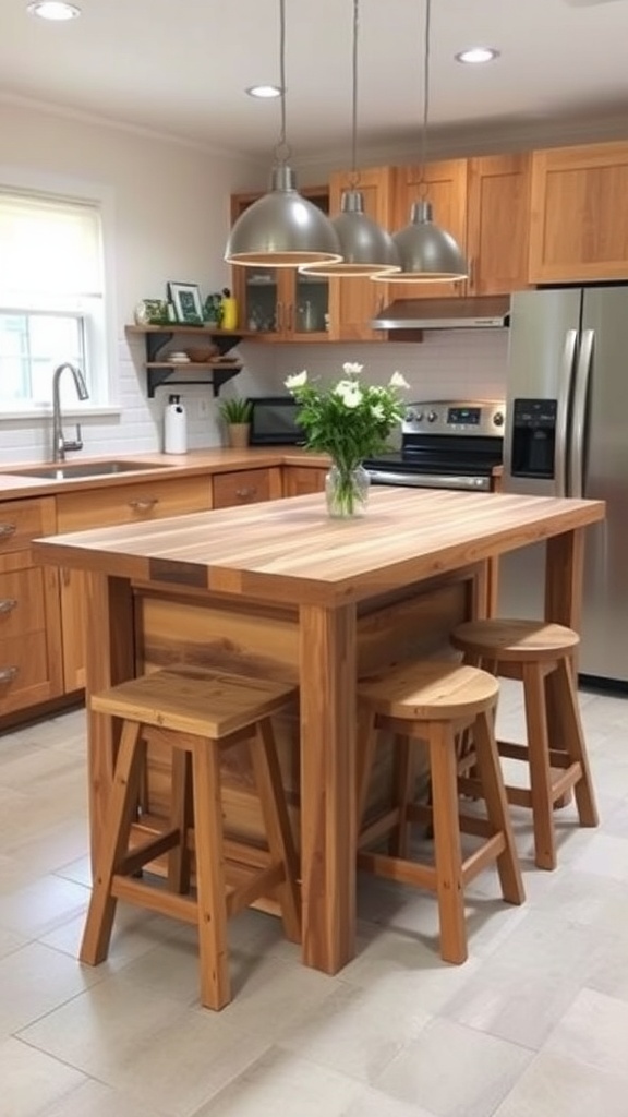 A rustic kitchen island made of wood with stools and a vase of flowers on top.