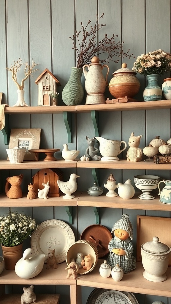A cozy English cottage living room shelf filled with handcrafted knickknacks and decor.
