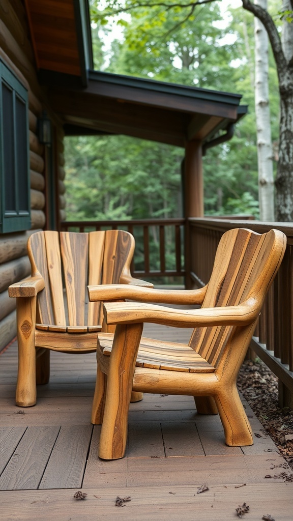 Two handcrafted log chairs on a wooden deck surrounded by trees.