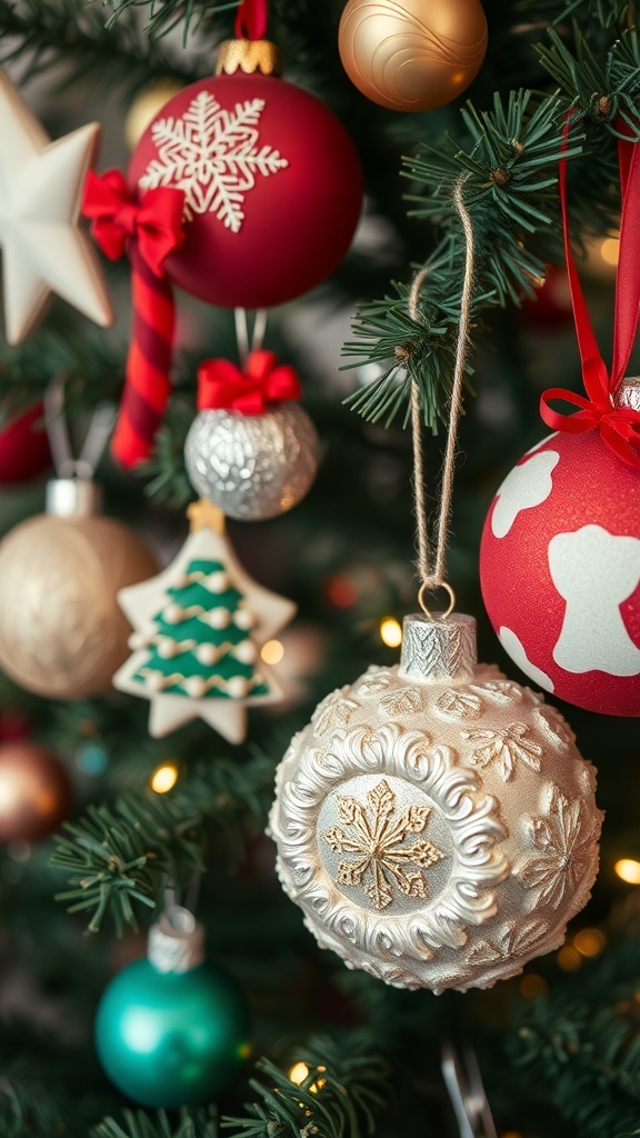 A close-up view of a Christmas tree adorned with handcrafted ornaments, including red baubles, silver snowflakes, and green trees.