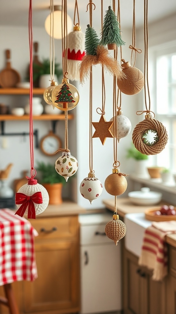 A variety of handcrafted ornaments hanging in a cozy farmhouse kitchen.