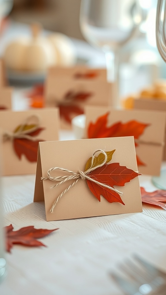 Handcrafted place cards on a Thanksgiving table setting with autumn leaves and candles.