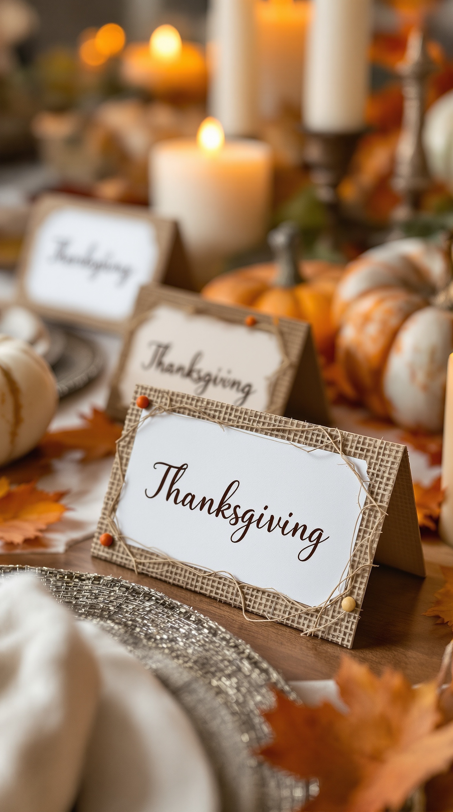 Handcrafted place card on a Thanksgiving table, featuring the word 'Thankgive' with autumn decorations.
