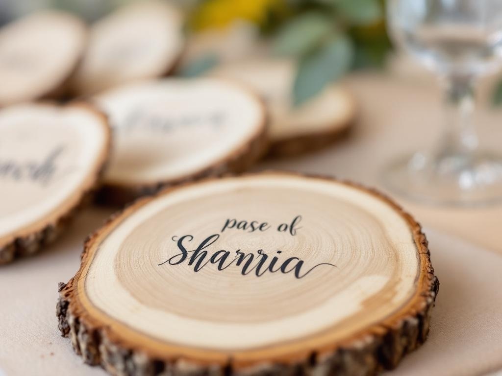 Handcrafted wooden place cards with names written in elegant script.