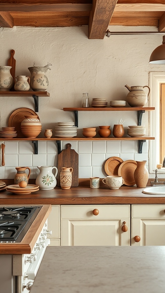 A rustic kitchen with handcrafted pottery and wooden accents.