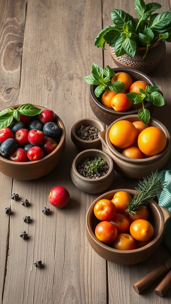 Rustic table decor featuring handcrafted pottery with fruits and herbs.