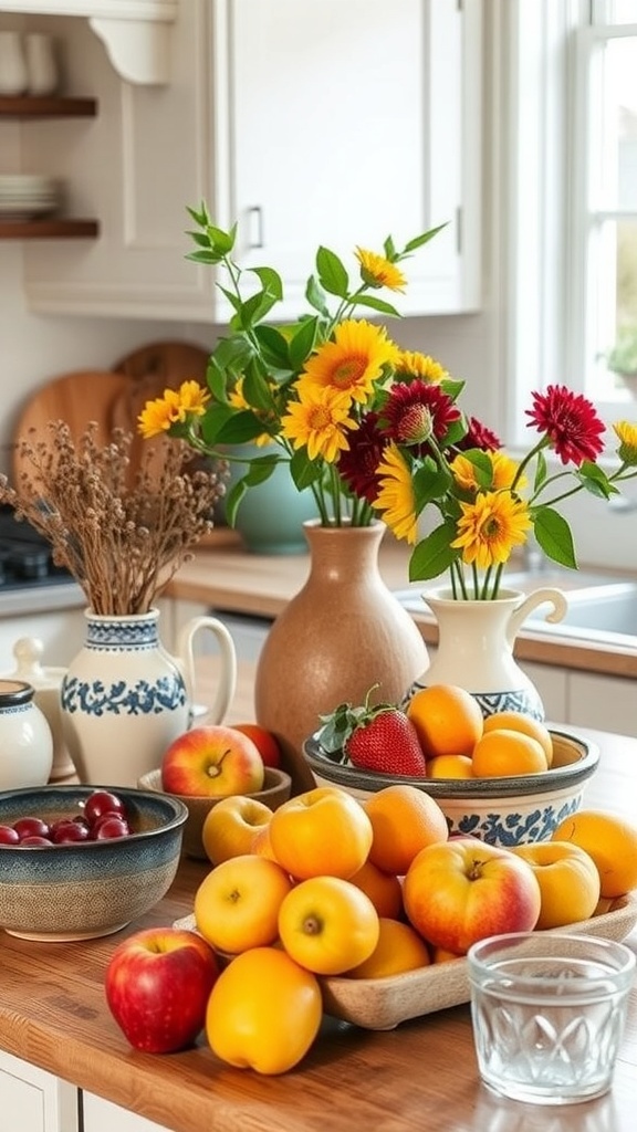 A beautifully arranged farmhouse kitchen counter with handcrafted pottery, colorful flowers, and fresh fruits.