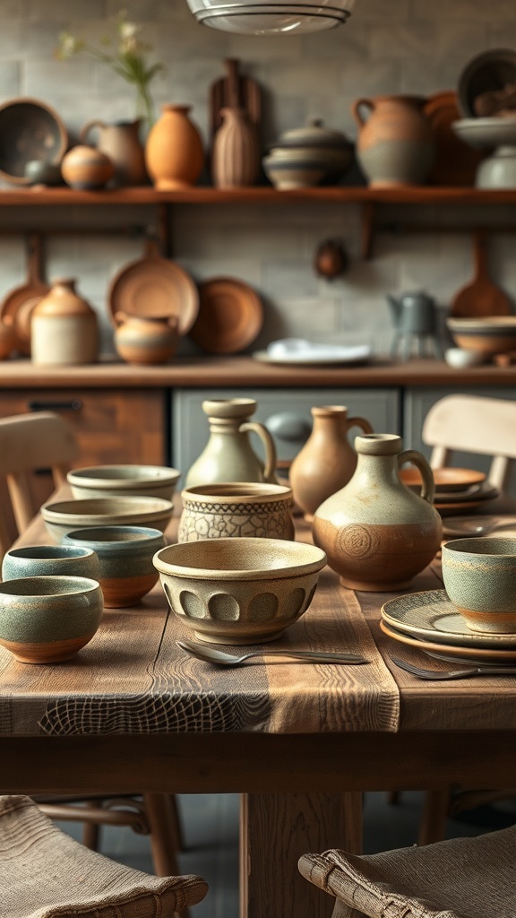 A rustic table set with handcrafted pottery and ceramics, featuring various bowls and jugs.