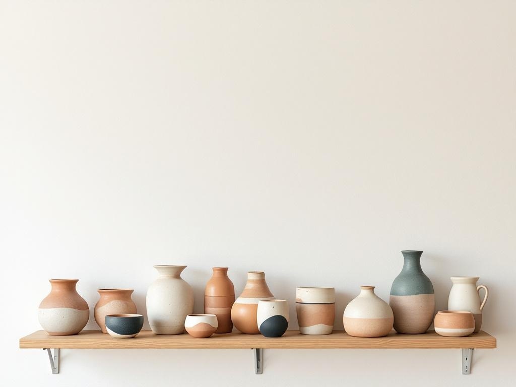 A display of handcrafted pottery on a wooden shelf, featuring various shapes and earthy colors.
