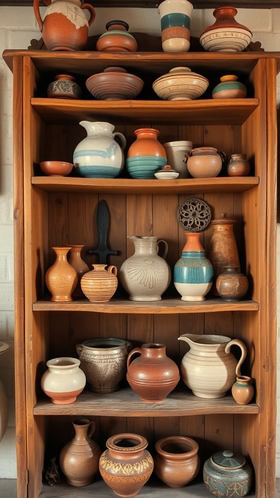 A wooden shelf filled with various handcrafted pottery pieces in different shapes and colors.