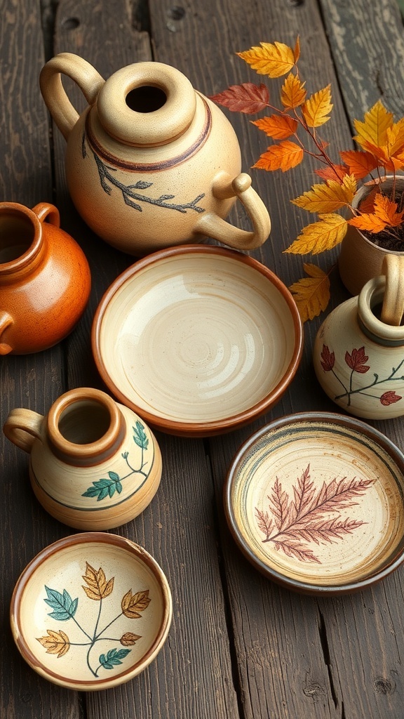 A collection of handcrafted pottery with autumn designs, including pitchers and plates, displayed on a wooden surface with fall leaves.