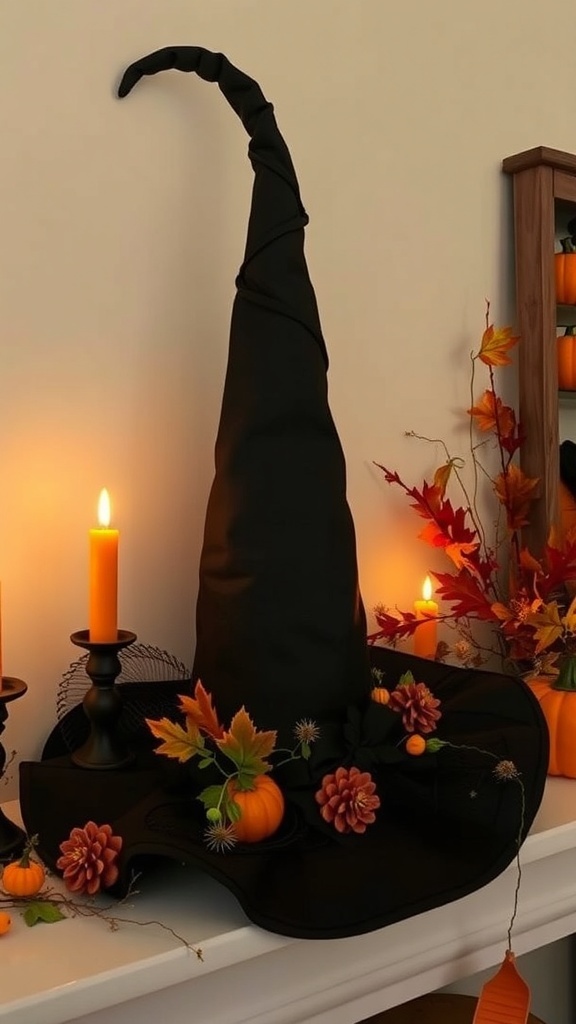 A tall black witch hat decorated with autumn leaves and small pumpkins, placed on a mantel with candles.