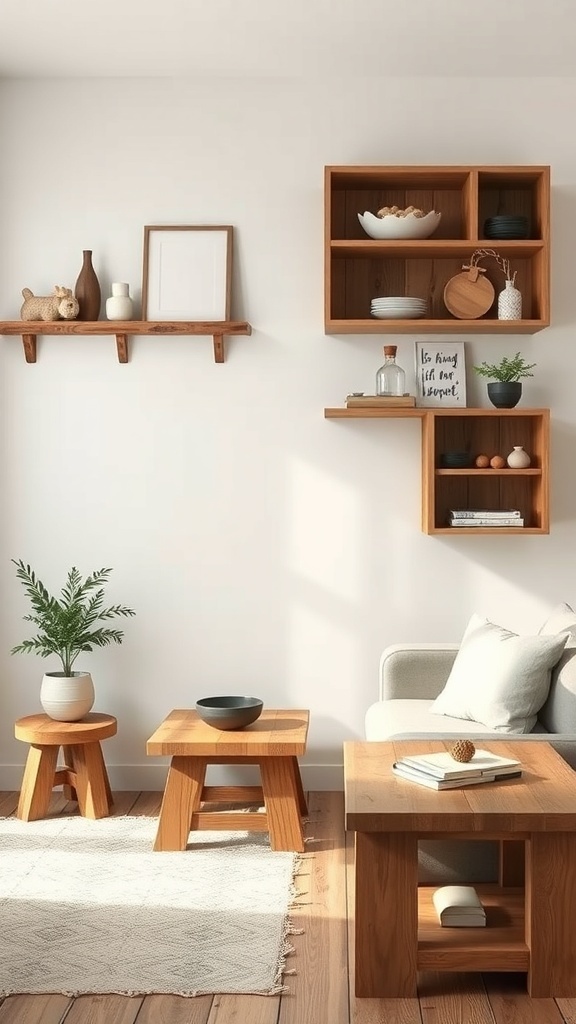 A cozy living room featuring handcrafted wooden furniture and accents.