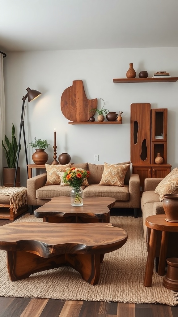 A cozy living room featuring handcrafted wooden furniture and decor.