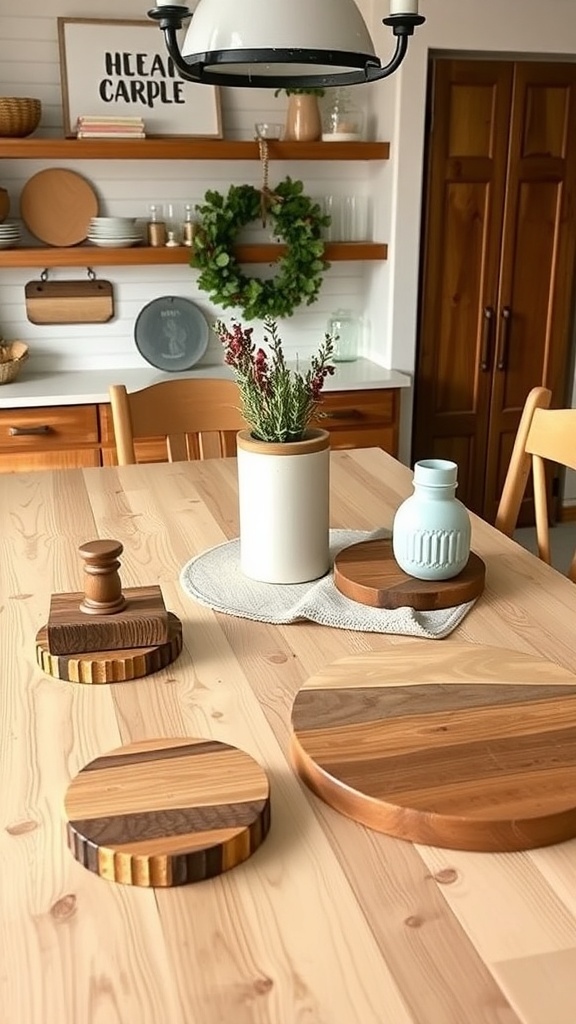 A farmhouse kitchen table with handcrafted wooden accents, including cutting boards and a vase.