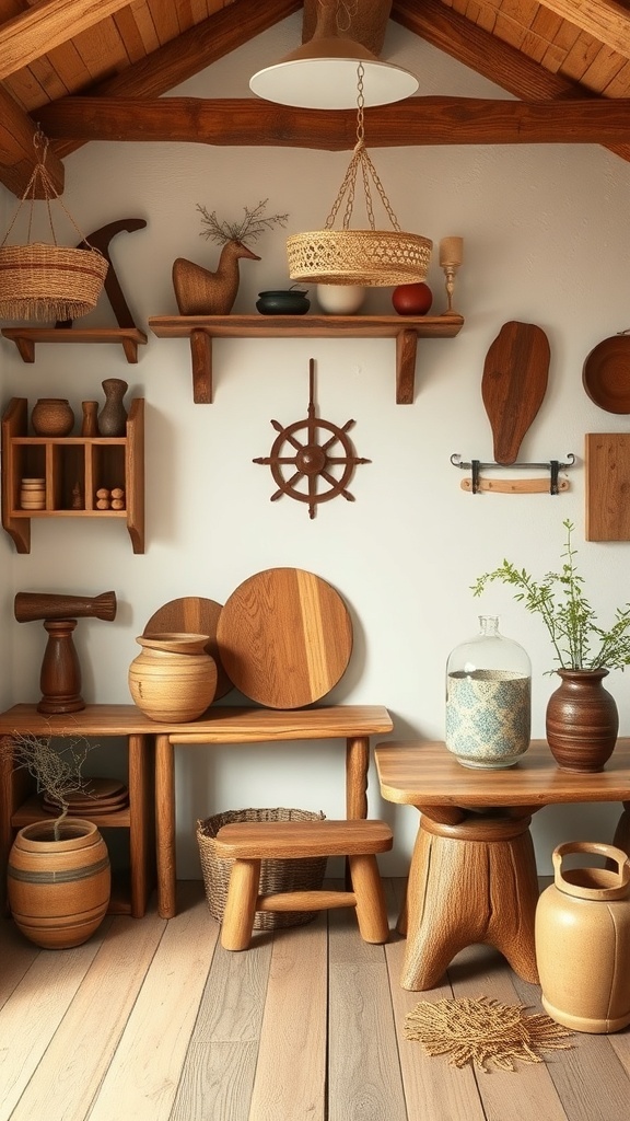 A cozy rustic cottage interior featuring handcrafted wooden furniture and decor.