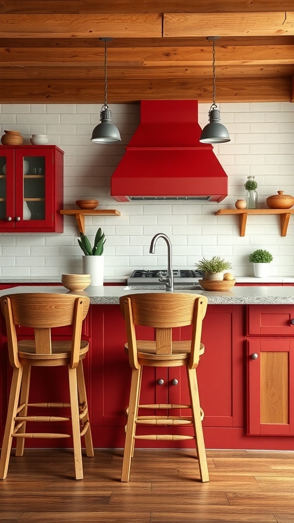 Handcrafted wooden bar stools in a red farmhouse kitchen