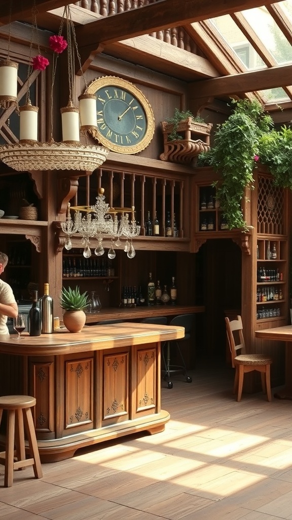 A rustic wooden bar with a cozy atmosphere, featuring a chandelier and plants.