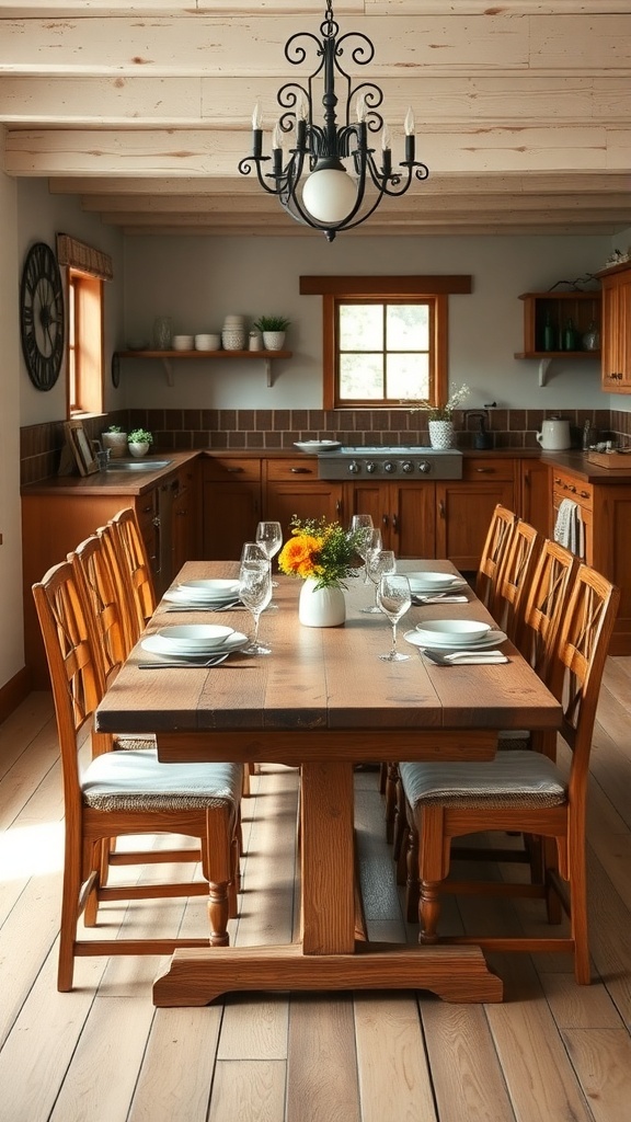 A handcrafted wooden dining table set for a meal in a cozy farmhouse kitchen.