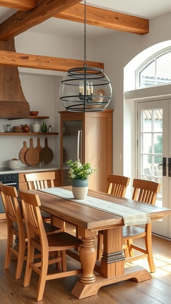 A rustic kitchen featuring handcrafted wooden furniture, including a large table and chairs.
