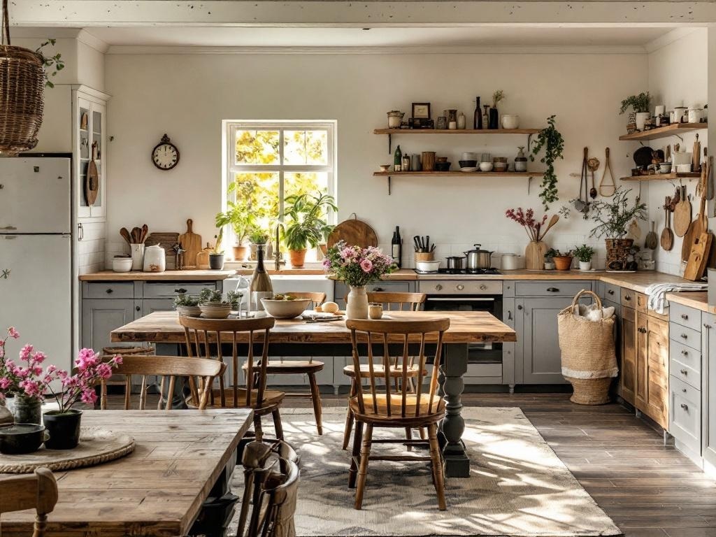 A cozy cottage kitchen featuring handcrafted wooden furniture, including a large dining table and chairs, with plants and natural light.