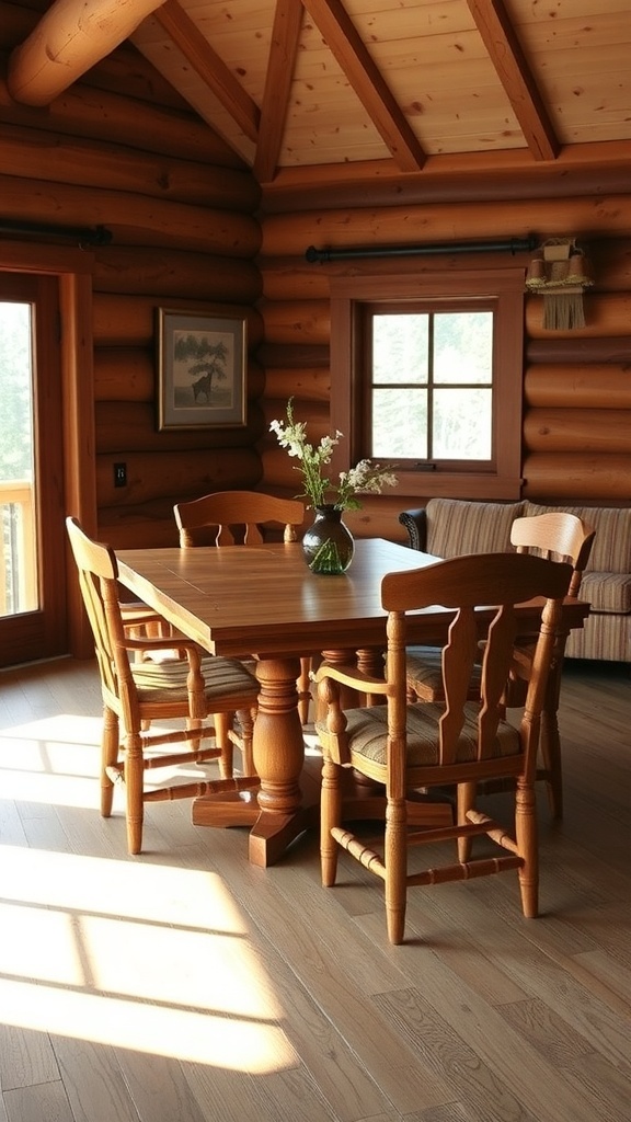 A cozy mountain cabin interior featuring a wooden dining table and chairs.