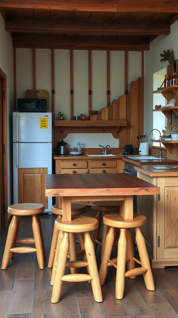 A small rustic kitchen featuring handcrafted wooden furniture including a table and stools.