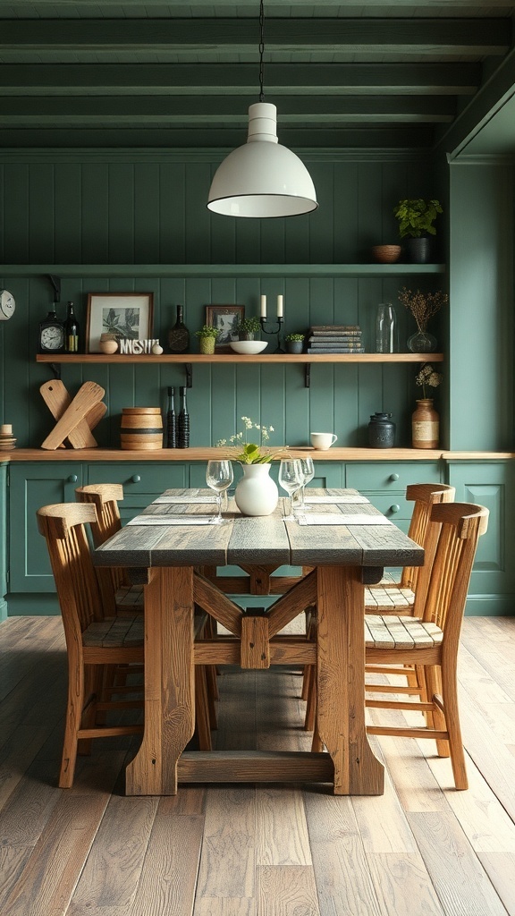 A rustic green kitchen featuring handcrafted wooden furniture, including a large table and chairs.
