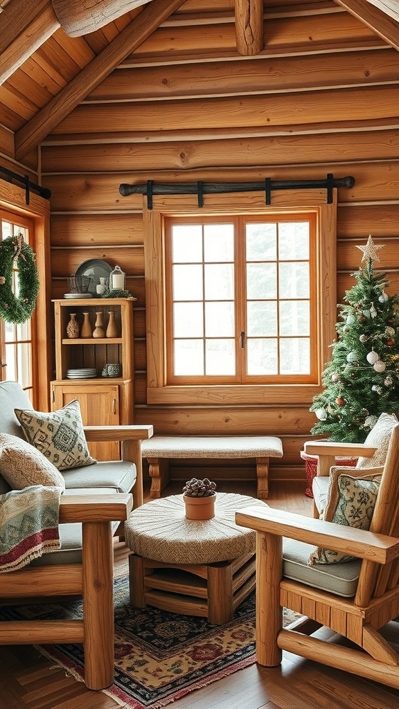 Cozy winter cabin interior with handcrafted wooden furniture, including chairs and a table.