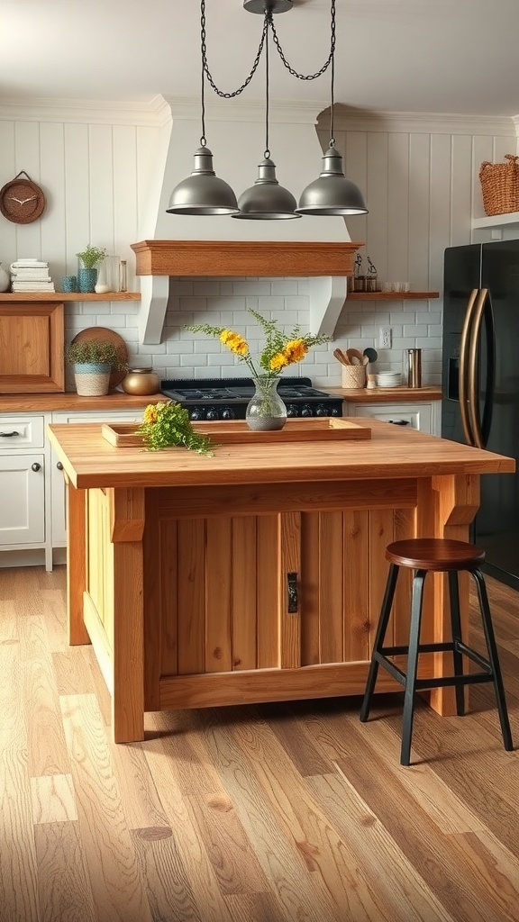Handcrafted wooden kitchen island in a vintage farmhouse kitchen.